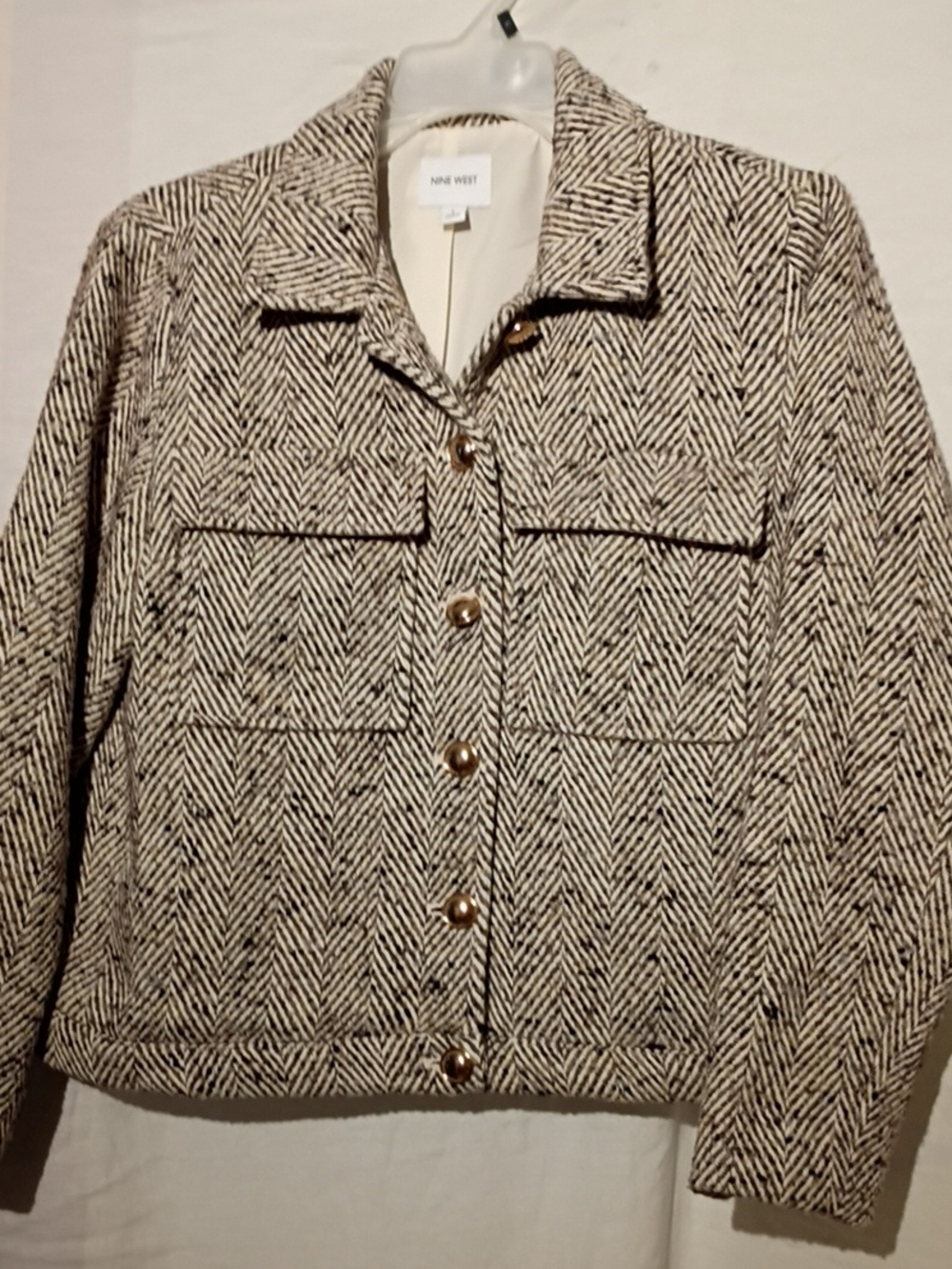 Herringbone Wool Blend Button Jacket, Cream Lining, Nine West Sz 12, NWOT